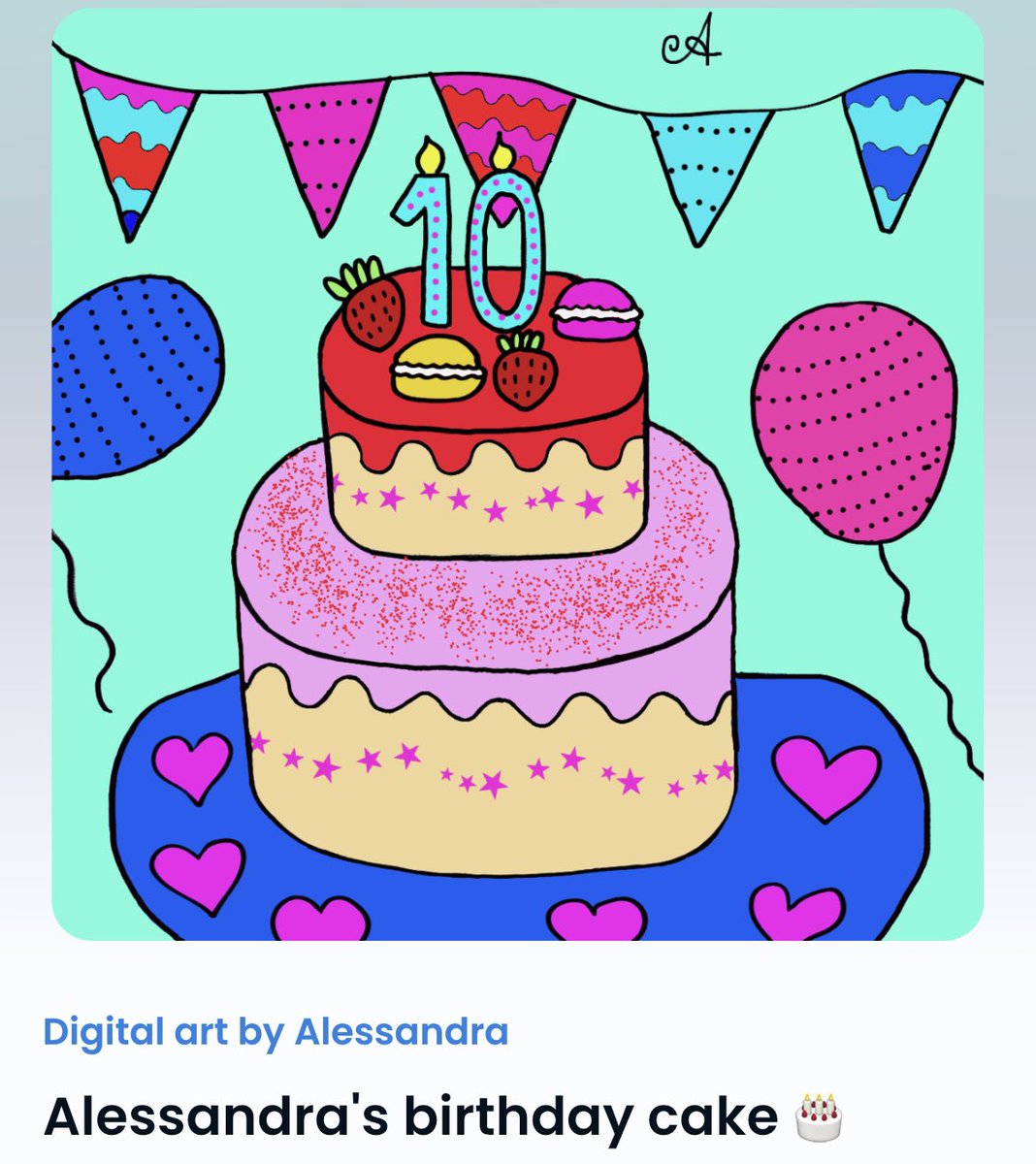 marodori_japan's tweet photo. How nice it is to receive a cute, yummy cake from a talented, beautiful girl @AlessandraNFT 💓✨🍰She just started her path as “10 y/o NFT artist”. 
Thank you, Alessandra💙
#happybirthday #nftkids #nftcake https://t.co/RVyAxiCDn5