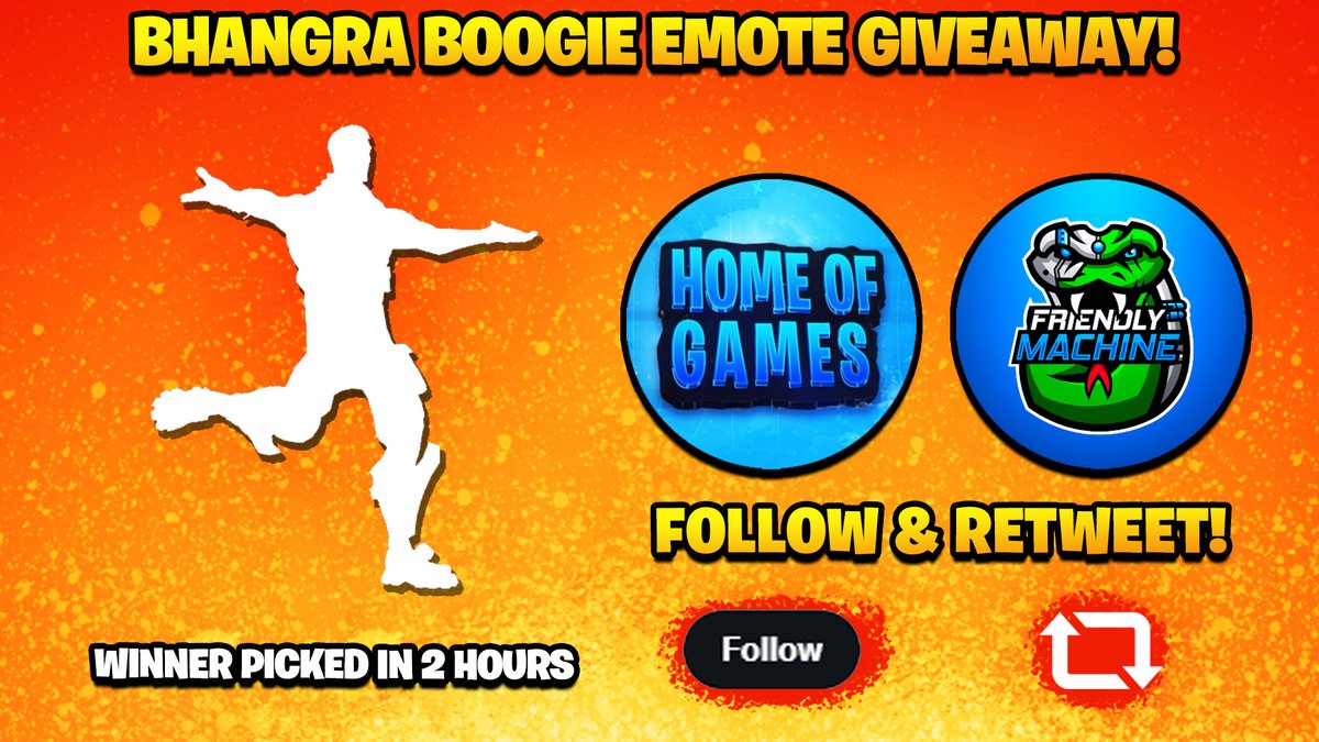 HomeOfGamesYT's tweet photo. 🎉BHANGRA BOOGIE EMOTE GIVEAWAY🎉

📝 How to Enter:

➡️Retweet &amp; Like✅
➡️Follow  @HomeOfGamesYT w/ 🔔 [ON] ✅
➡️Follow @FriendIyMachine  w/ 🔔 [ON] ✅
➡️Reply with LEAST favorite Fortnite Emote✅

🔴 Winner picked in 2 HOURS..!⏲️

#Fortnite #FortniteChapter3Season2 #Giveaways https://t.co/2zGFnVN6UL
