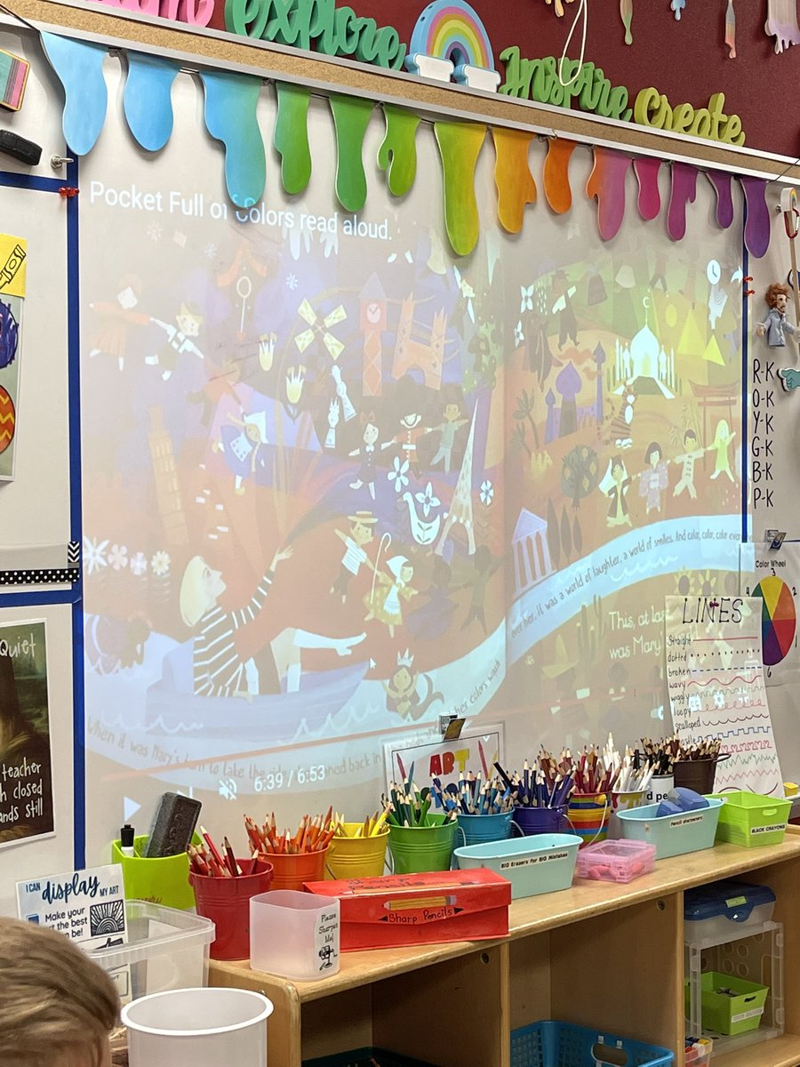 mossmanelem's tweet photo. Kindergarteners have been learning about artist Mary Blair, who is know for her use of uniques colors and designs. Pocket Full of Colors helped students learn about her journey in designing the It’s a Small World attraction. @taycates https://t.co/FEJxLjCXrS
