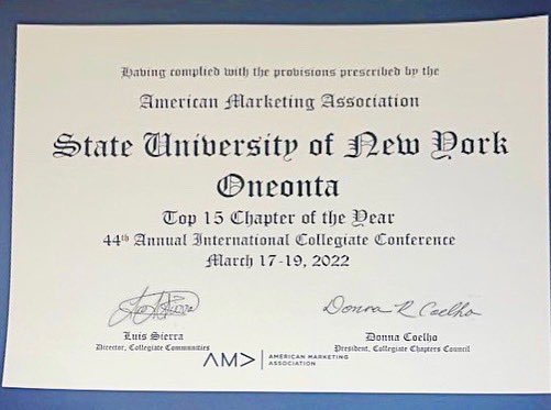 OneontaSLAB's tweet photo. Huge congratulations to SUNY OnMark at their conference in Chicago having been the recipient of the 15th best small AMA chapter in the country! 

#sunyoneonta #OneontaSLAB #Schoolofliberalarts #OneySLAB https://t.co/RKELHD7TgH