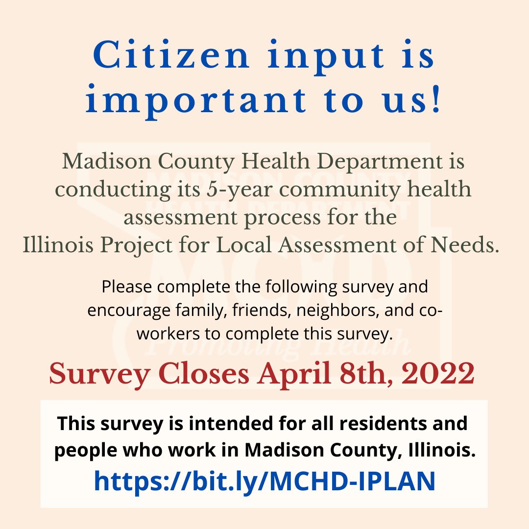MadisonCHD's tweet image. Citizen input is important to us!

MCHD is conducting its 5-year community health assessment process for IPLAN.

Please complete the following survey and share with others who live or work in Madison County, IL.

Survey closes April 8th.

bit.ly/MCHD-IPLAN