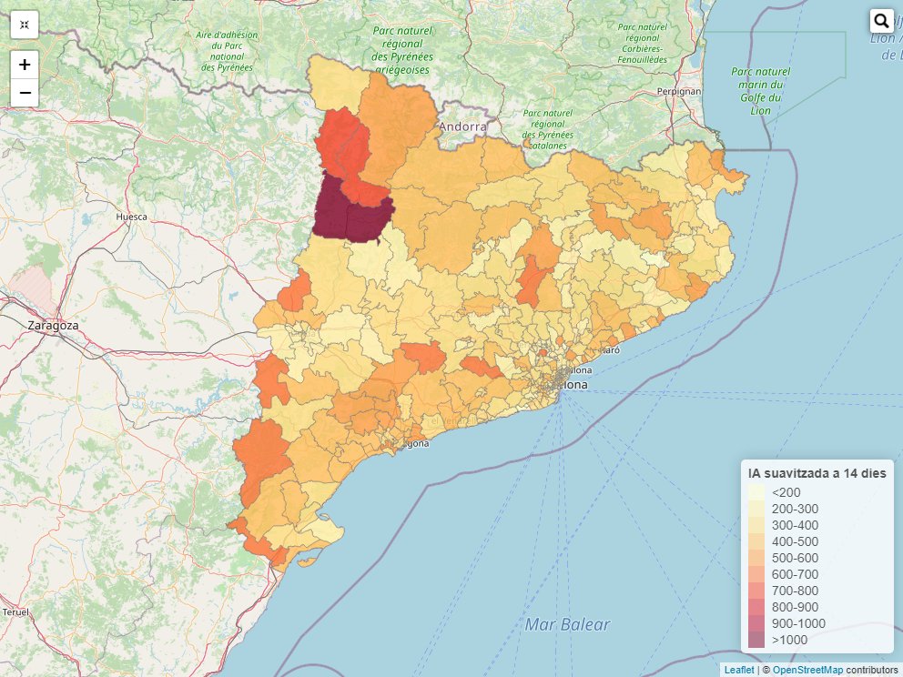 covidcat4's tweet photo. CovidCat [ 2022-03-31 ]:

1. IA7: 112 [110-114]
2. IA14: 343 [339-347]
3. % població en ABS IA14>500: 6 %

IA: Incidència acumulada (casos/100K hab.)
Consulta dades i mapes per Àrea Bàsica de Salut: https://t.co/6RO7H0Sr05 https://t.co/t2MX0qZMpF