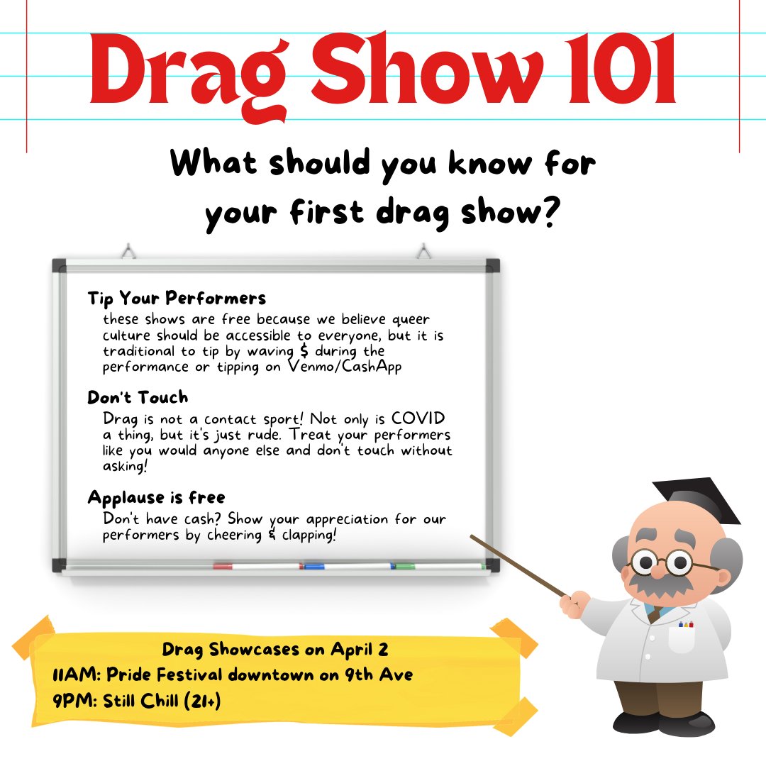 PayneCoPride's tweet photo. You've been asking, so here it is: tips for your first drag show! Which shows are yall going to? 

#paynecopride #payneco #paynecounty #payencountypride #visitstillwater #stillwaterok #okstate https://t.co/XondJ28lHR