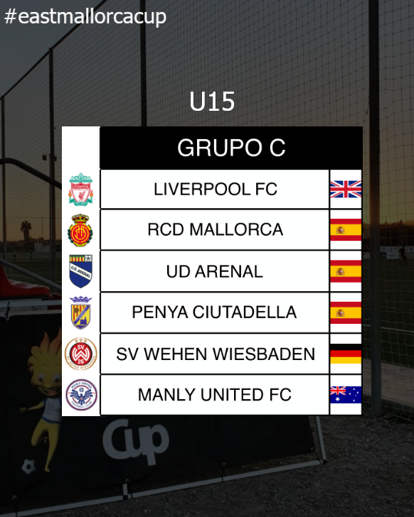 Grupos #eastmallorcacup 2022

Categoría U15 Grupo C (Sant Llorenç/Artà):
<a href="/LiverpoolFC/">Liverpool FC</a>
<a href="/UDArenal1970/">U.D.Arenal</a> 
Penya Ciutadella Esportiva
<a href="/SVWW_official/">SV Wehen Wiesbaden</a> 
<a href="/ManlyUnited/">Manly United FC</a>
<a href="/RCDMallorca/">RCD Mallorca</a>

1️⃣2️⃣days to go!⚡⚡

más info:
eastmallorcacup.com

#mallorca #fútbolbase #fútbolformatiu #youthfootball