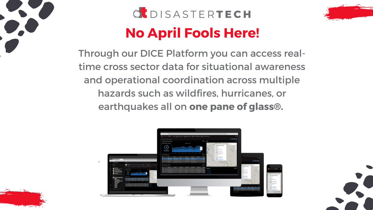 pratus_ai's tweet photo. No April Fool's here! Our DICE platform offers a one pane of glass® feature.
That's right, real-time cross sector data for situational awareness and operational coordination all in one place.
#DisasterTech #OnePaneofGlass #EMGTwitter https://t.co/oM091NjfaE