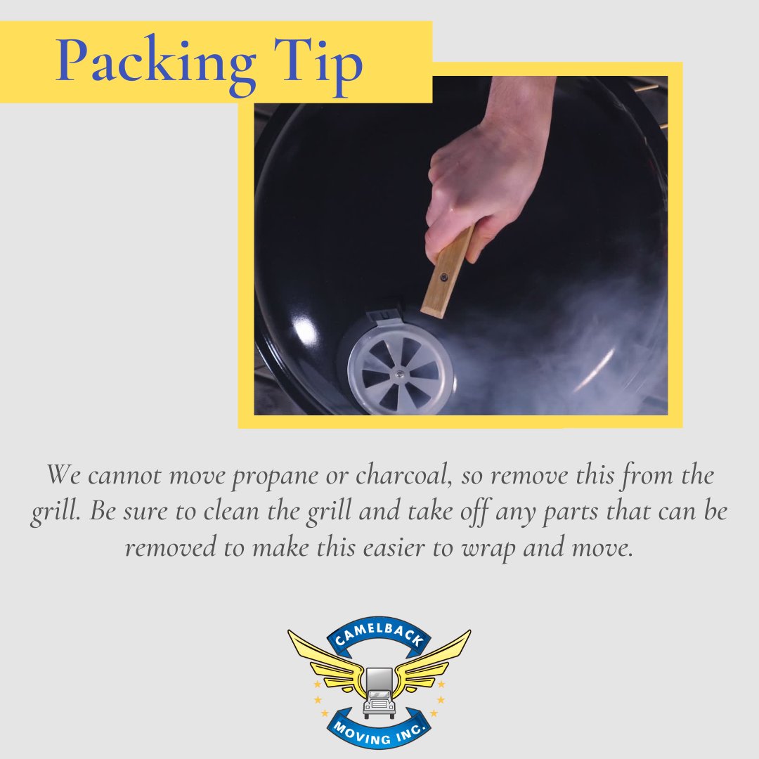 CamelbackMoving's tweet image. Can a grill be moved when we handle your residential move? Yes! However, there are a few things to remember about moving a grill that you need to do beforehand. #CamelbackMoving #PackingHack