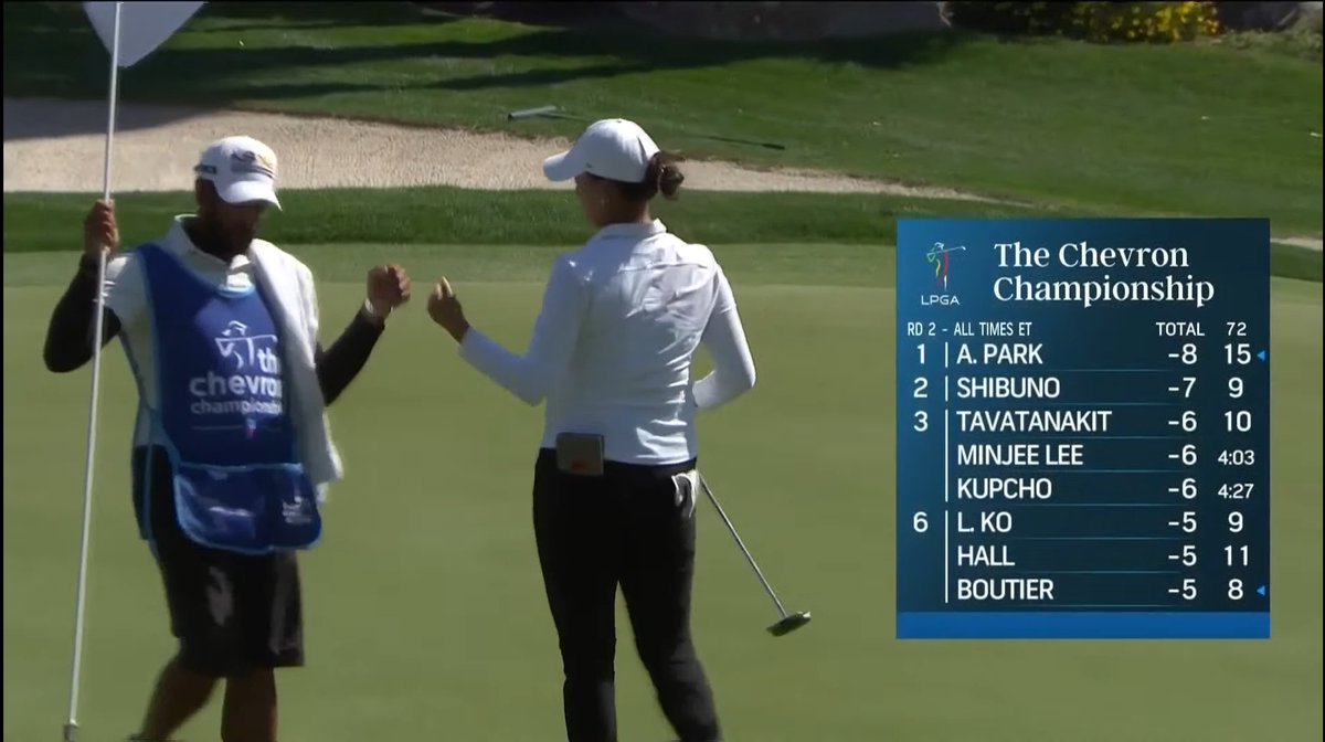 After 16 holes, Leavittown's <a href="/annieparkAP/">Annie Park</a> charges out to seize the lead at -8 under with Hinako Shibuno.  Playing by herself as the last person to qualify, she's making the most of it!  Way to go Annie!
#LPGA #chevronchampionship #golf #Trojans <a href="/USCWomensGolf/">USC Women’s Golf</a> #WomenEmpowerment