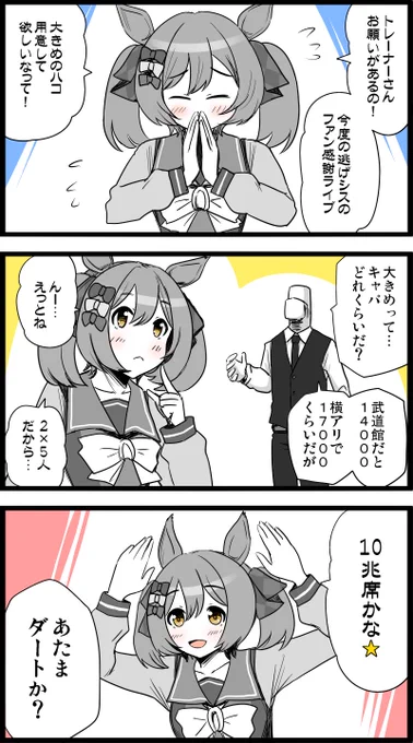 ファル子ひとりでああなんだから、逃げシス全員だと5倍しないとね☆

#ウマ娘
#スマートファルコン
#ファン数2兆人 