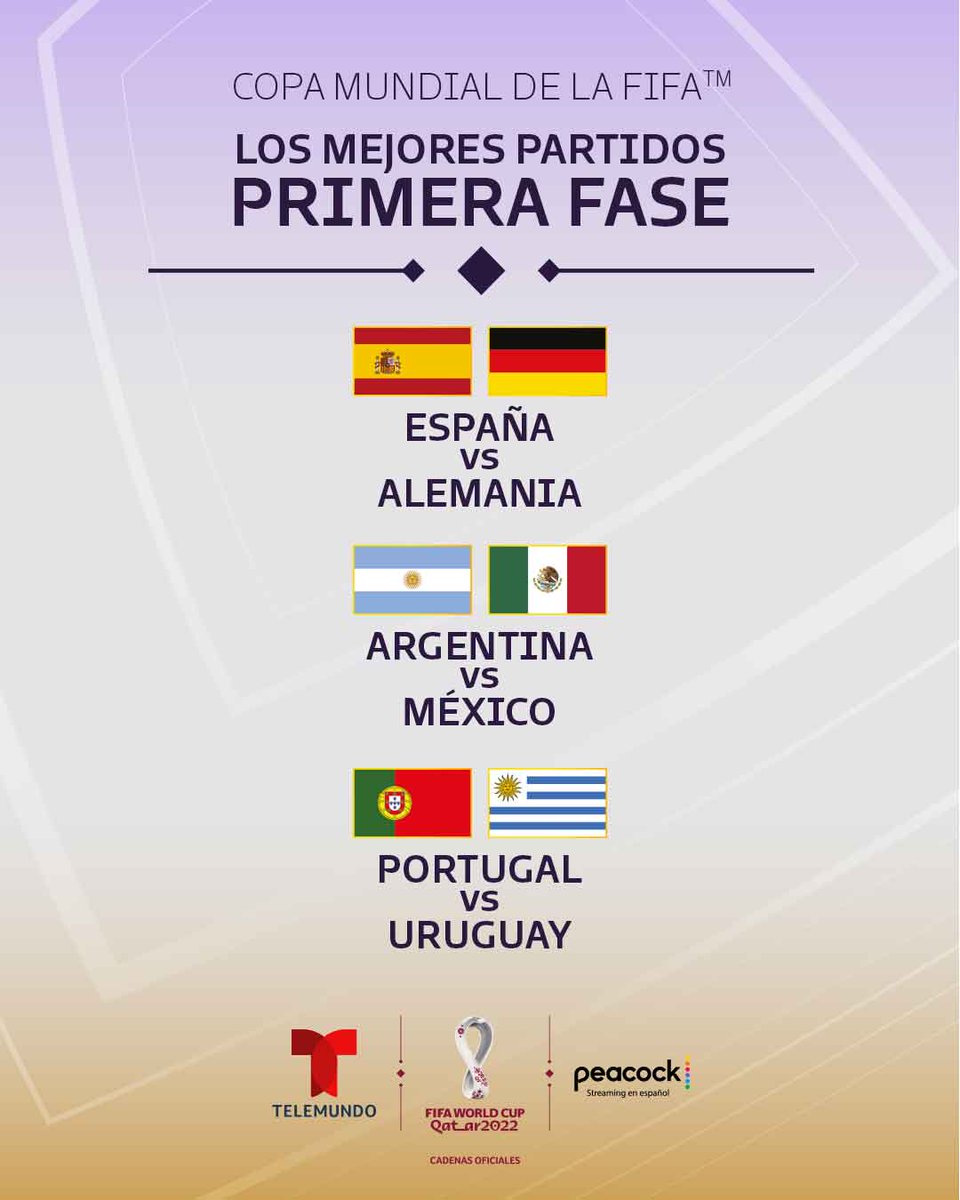 Telemundo's tweet photo. 💥 ¡Los partidos que nadie se puede perder!
😎 ¿Qué resultados esperas?
📺 Telemundo la casa de la Copa Mundial de la FIFA #Catar2022
#SorteoEnTelemundo #MundialTelemundo #ElMundialLoEsTodo https://t.co/FBy9E24f0L