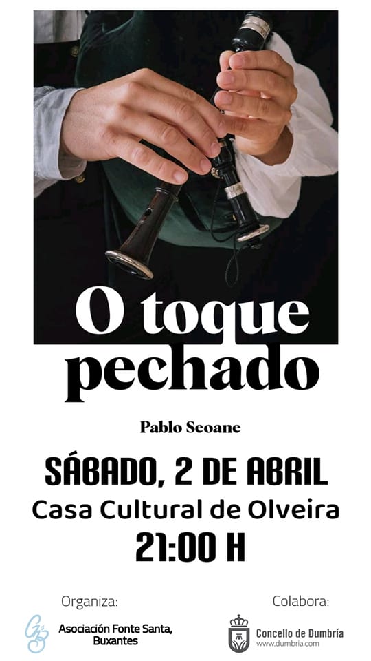 Hoxe, ás 21:00 h, na Casa Cultural de Olveira, terá lugar a presentación do libro O toque pechado, de <a href="/seoanegaiteiro/">Pablo Seoane Méndez</a> , que chega da man da Asociación Fonte Santa de Buxantes (<a href="/GaitaBuxantes/">Gaiteirxs de Buxantes  #GdB</a>)
Se queres desfrutar del e a súa música, achégate!
#Dumbría #DumbríaéCultura #gaitagalega
