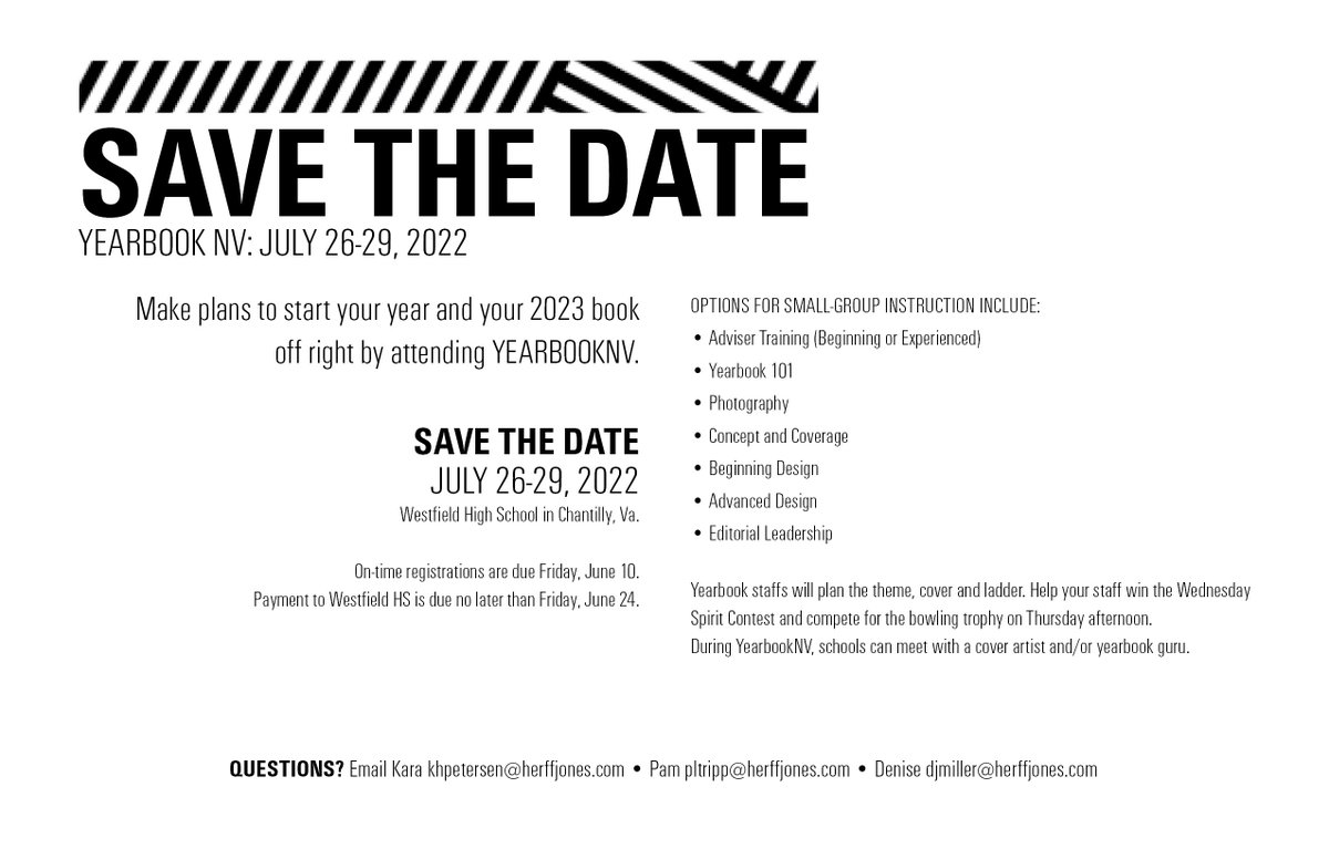 YearbookNV is back! 
Yearbook NV is July 26-29 at Westfield HS. 

The school and adviser registration form: forms.gle/WaLj3VnanstdYc…

The student registration form: forms.gle/GQVKYvBjhRUw1P…