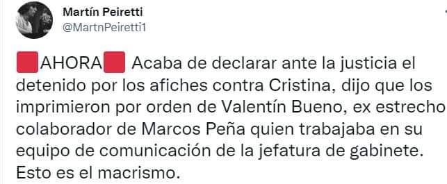 HoracioSerto's tweet photo. Ahi tenes a los impresentables complices , secuaces , o como quieras llamar a esa runfla macrista; el lustrabotas de @marquitospena declaro que los afiches insultando a @CFKArgentina los encargo y pego por orden de marcos peña
son basura en estado de descomposicion
@fvallejoss https://t.co/MtL1lGyOTU