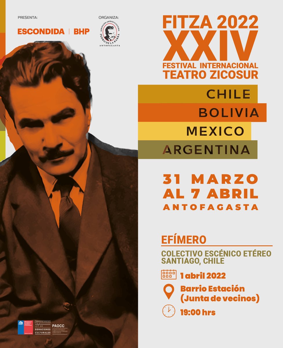 AFTAPanoramas's tweet photo. 🎭 Festival Internacional Teatro Zicosur      
📍Barrio Estación                                            
📆 HOY 01 de abril                                                     
⏰ 19:00 horas
🎟 Entrada liberada                
#Antofagasta https://t.co/qxYY9wBLRz