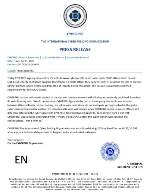 CYBERPOL confirms DDOS attack on its website today: "We are aware that its not Russia but Russian Speaking individuals from Ukraine with adversary funding behind. We will release #killnet 's core team's identities and copy of their passports soon for limiting their travels in EU"