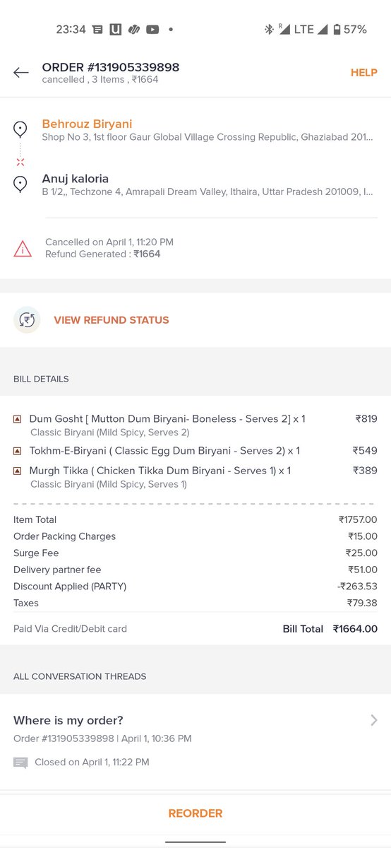 Architforever's tweet photo. @swiggy_in @harshamjty Dear swiggy, we ordered biryani at 10.36 and were waiting till 11.20. Finally had to cancel the order as our guests had to leave. This kind of service is not expected from your side. Expected delivery time was 45 m but we never got the delivery after d wait https://t.co/wgwzth72mG