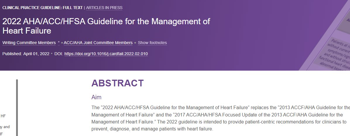 The new Heart Failure Guideline developed by <a href="/ACCinTouch/">American College of Cardiology</a> <a href="/American_Heart/">American Heart Association</a> and <a href="/HFSA/">HFSA</a> was published today in <a href="/JCardFail/">Journal of Cardiac Failure</a> 

Guideline > ow.ly/5CBQ50IyAbA
Clinician's Guide > ow.ly/WT1J50IyAbC
Executive Summary > ow.ly/VKps50IyAg1