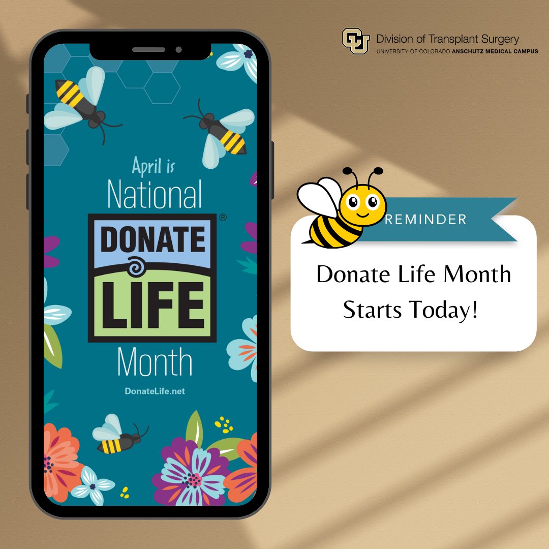 CU Transplant Center (@cu_transplant) on Twitter photo 📣National Donate Life Month starts today!💙💚
The theme for Donate Life Month 2022 is to “bee” a donor. Inspired by the vital role that bees play in sustaining life!
“Bee” a donor: donatelifecolorado.org
<a href="/DonateLife/">Donate Life America</a> <a href="/CUMedicalSchool/">CU School of Medicine</a> 📣National Donate Life Month starts today!💙💚
The theme for Donate Life Month 2022 is to “bee” a donor. Inspired by the vital role that bees play in sustaining life!
“Bee” a donor: donatelifecolorado.org
<a href="/DonateLife/">Donate Life America</a> <a href="/CUMedicalSchool/">CU School of Medicine</a>