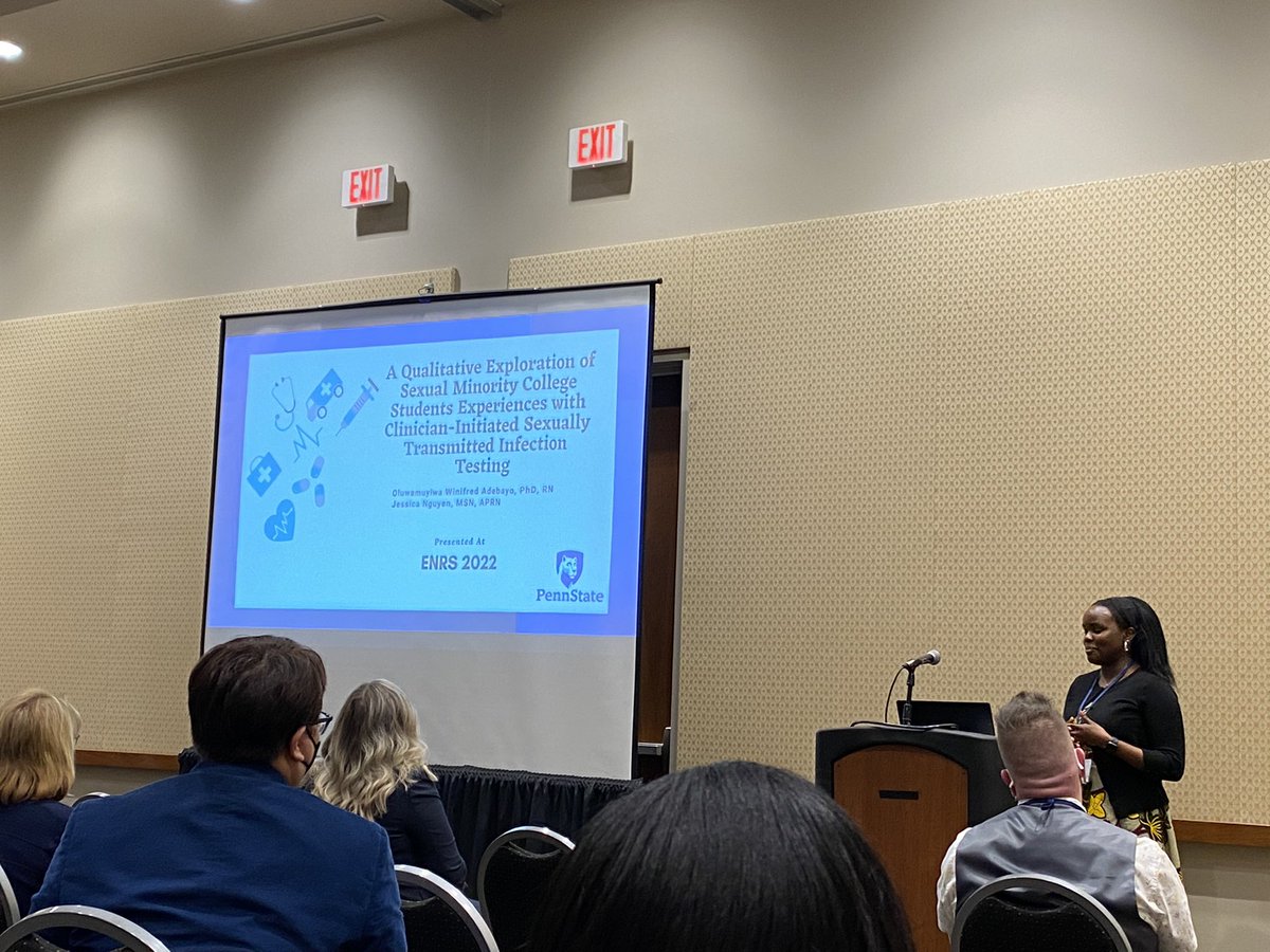 ENRS_Science's tweet photo. Dr. Oluwamuyiwa Winifred Adebayo from @PSUNursing is giving a fascinating presentation on sexual minority college students’ experiences with clinician-initiated sexually transmitted infection testing! #ENRS2022 https://t.co/LuyV7GvAKB