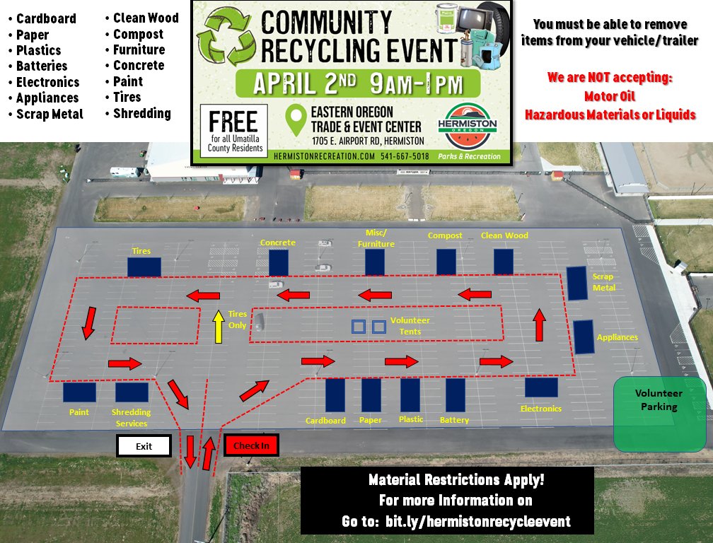 hermistonrec's tweet photo. Grab your truck or trailer and load some recyclables! Tomorrow April 2nd at EOTEC! Go to https://t.co/W0vONIFqxg for more info on what you CAN and CAN NOT bring!

#cleaninghermiston #ilovemycity https://t.co/hbOBk52Xpc