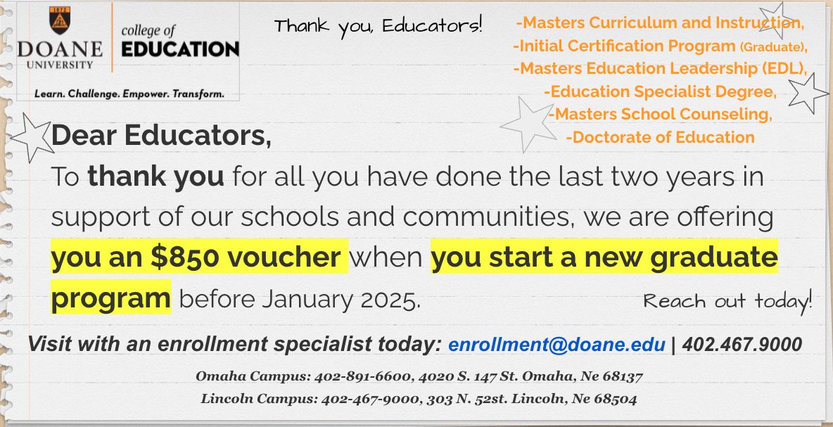 teresagperkins's tweet photo. #ThankYou #Educators! Join us! The next EDL #Cadre is forming now for a June start! @DoaneUniversity @DoaneOmaha @DoaneAlumni #EducationalLeadership https://t.co/S9KL4rpdu0