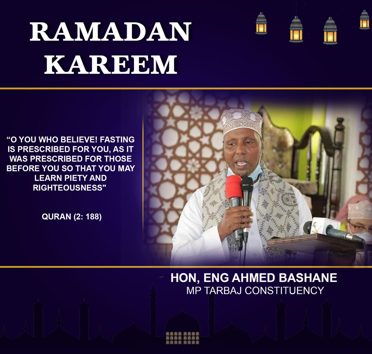 HonBashane's tweet photo. As we start the holy month of #Ramadhan , I would like to take this opportunity to wish Muslims across the globe &amp; the residents of Tarbaj Constituency a blessed Ramadhan Mubarak.

#RamadanMubarak #Ramadan2022 #ramadhan2022 #Ramadhan1443H https://t.co/o9oxw3BSRK
