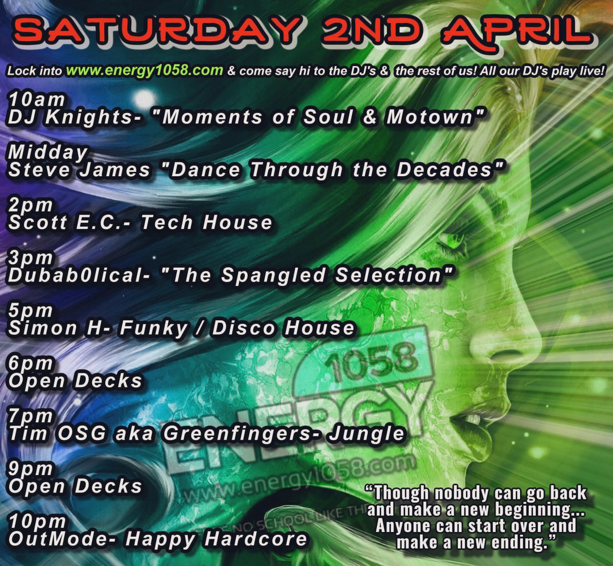 ⚠️ #Energy1058
Saturday vibes 
Off from 1️⃣0️⃣am
Come join us! 🙌🏽💙
•
Listen live ► energy1058.com
or radio-uk.co.uk//energy-1058-fm
Lock in or come say hi in the chatroom energy1058.com
<a href="/DJKandSJ/">stevejames+djknights</a> <a href="/Scottyc2173/">Scott Clarke</a>  <a href="/dubab0lical/">Dubab0lical</a> <a href="/tim_gardener/">DJ TIM OSG aka greenfingers jungle</a> <a href="/JLeeman76/">James Leeman 🎧🐟</a>