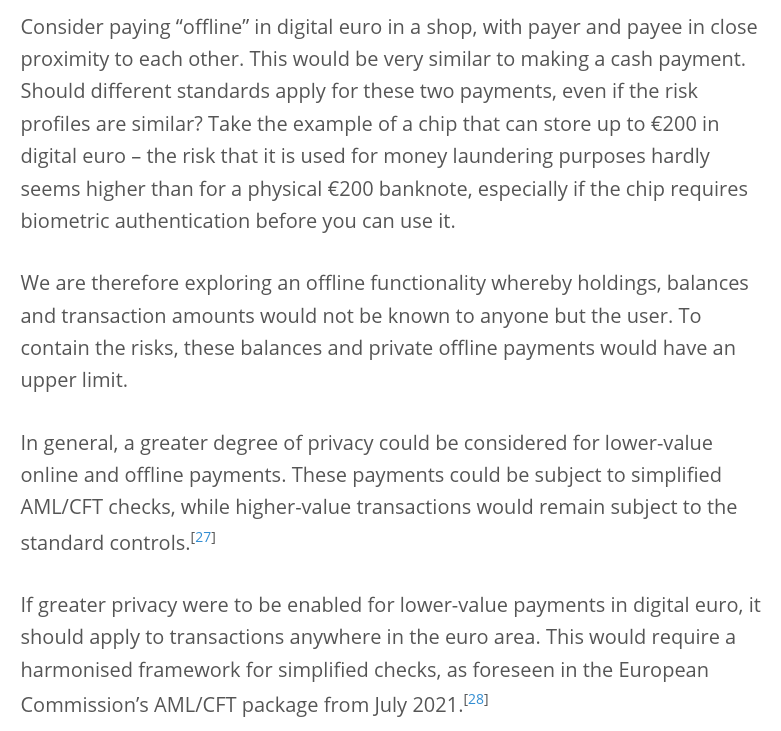 Three visions of finance &amp; privacy this week:
An <a href="/ECB/">European Central Bank</a> board member see no harm in CBDC private transactions for small amounts, <a href="/ecashact/">The ECASH Act</a> suggests full privacy up to limits for cash and the <a href="/EUparliament/">European Parliament</a> wants to require fund origin for selfhosted wallets