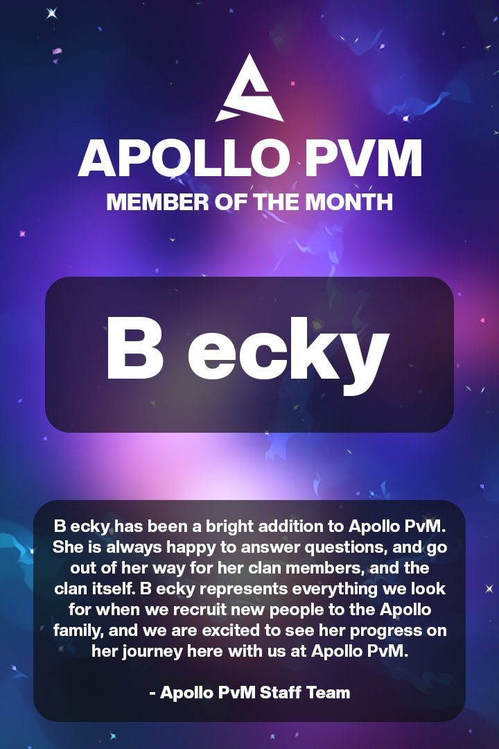 ApolloPvm's tweet photo. Congratulations to our Member of the Month, B ecky!

Thank you for being a fantastic clan member and encompassing the spirit of Apollo 💫

Think you could our next Member of the Month? See the links below and join us at Apollo PvM: https://t.co/PC8JBxCpOy
