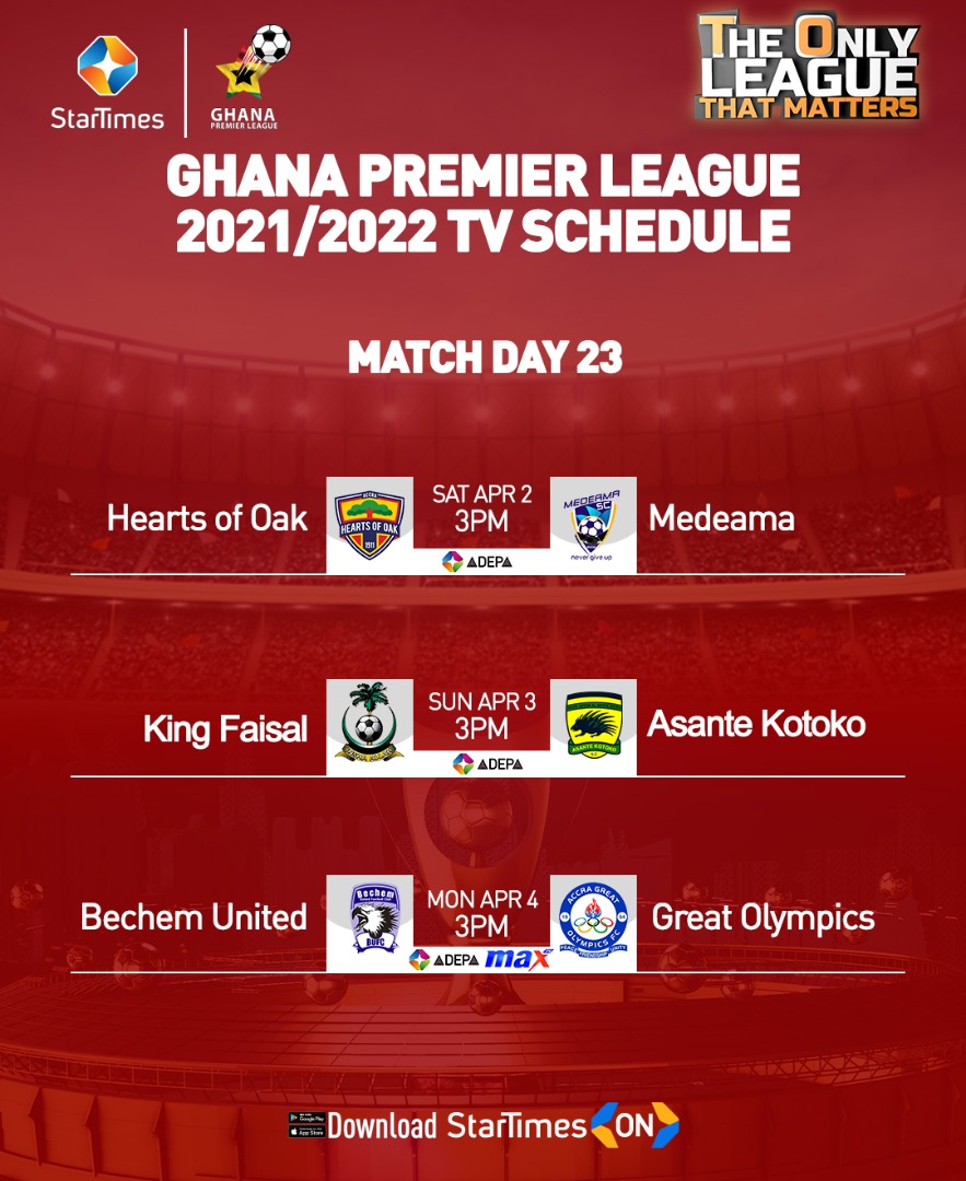 maxtvgh's tweet photo. The Ghana Premier League presents Matchday 23 LIVE on Adepa TV, channel 247 as the defending champions, Accra Hearts of Oak on Saturday 2nd April, take on Medeama SC at 3pm from the Accra Sports Stadium.
#maxtv #mafm #maxsopoets #PL https://t.co/2JyY2N7oS3