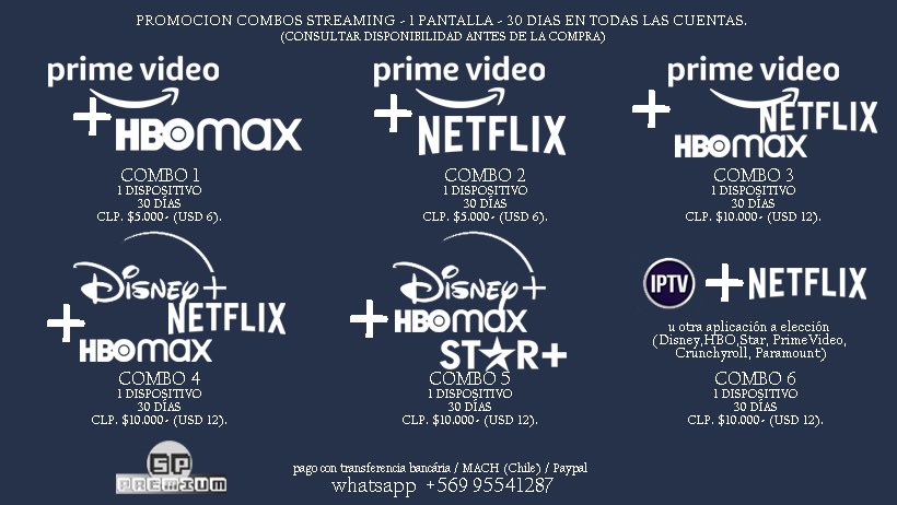 Solopremium1's tweet photo. El imperdible de fin de semana! asegúra tus cuentas de streaming con éstas ofertas increibles. #combosstreaming consulte disponibilidad en https://t.co/MlWlVovvxr #solopremium calidad y precio jústo. https://t.co/G6HmqYrVTC