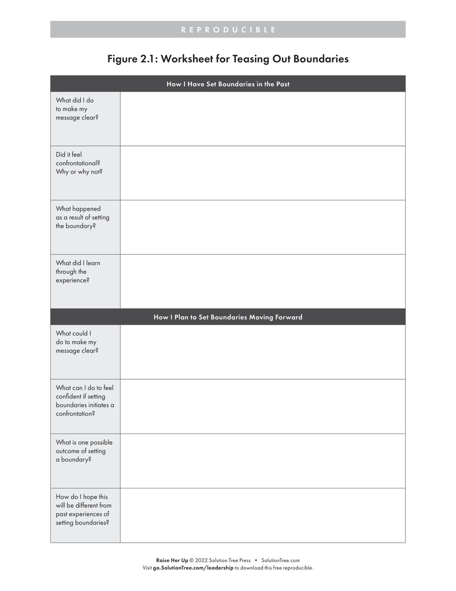 SolutionTree's tweet photo. “Think of a time when you have had to establish clear boundaries in your professional life.” Use this worksheet to reflect. To what extent did it feel confrontational? Why or why not?

Download this and more for free from Raise Her Up. https://t.co/xckA4EEZwC @RaiseHerUpNet https://t.co/iGskYICGvJ