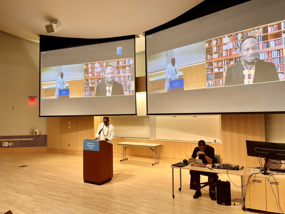 Happening Now! <a href="/ACLS1919/">ACLS</a>’s Dr. Oladipupo Oyeleye delivers keynote on Impact of African Music on Covid-19. He was introduced by <a href="/UMassBoston/">UMass Boston</a> Professor Bodunrin Banwo <a href="/UAfricanists/">Pan-African Grad Students Association (PAGSA)</a> <a href="/ASF_UMB/">Africa Scholars Forum</a>