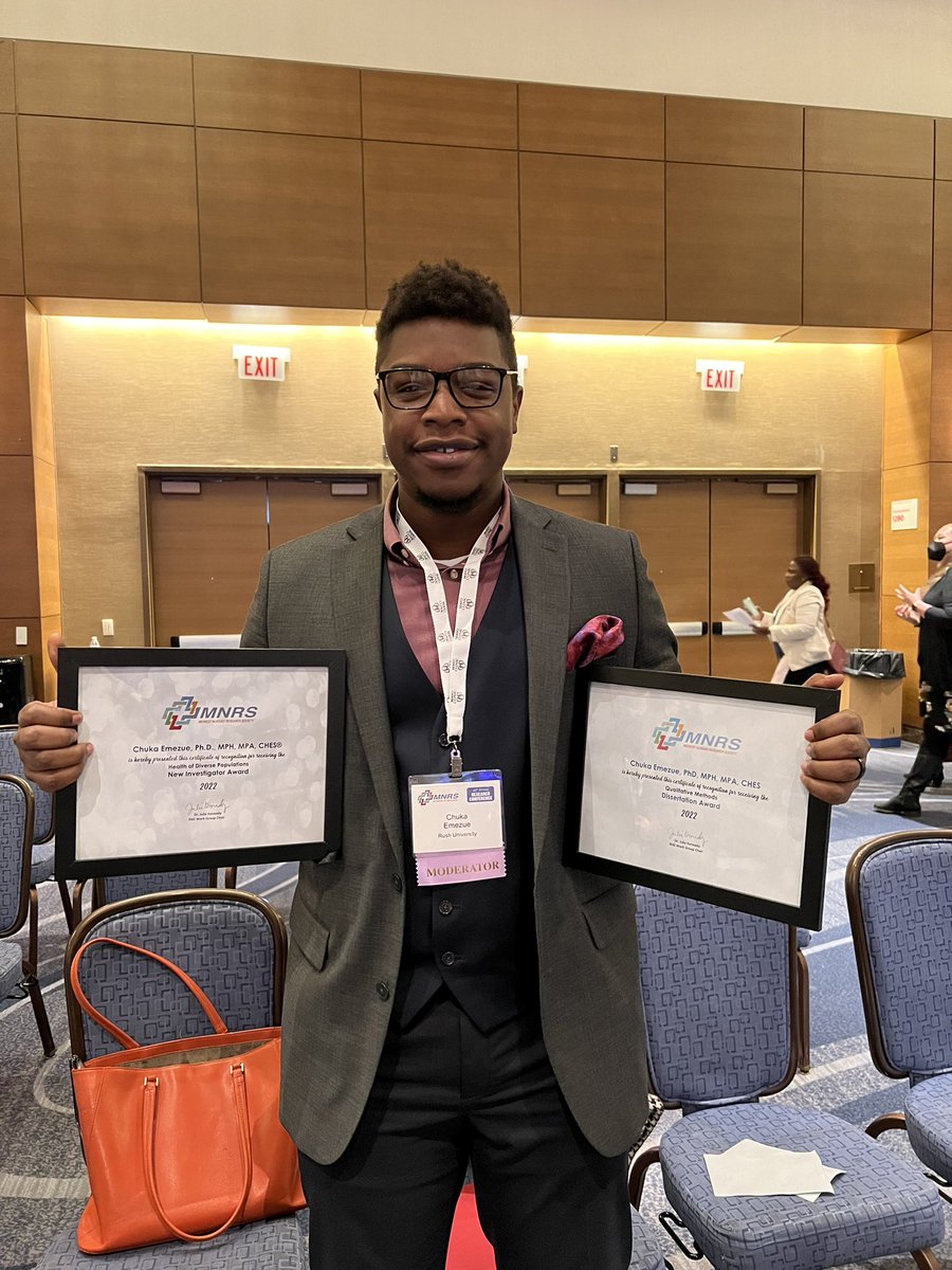 RushUNursing's tweet photo. Congratulations, @DrChukaEmezue on two RIIG awards @MidwestNursing! Dr. Emezue joined Rush after completing his PhD at @MizzouNursing https://t.co/kUUSwwvmsq