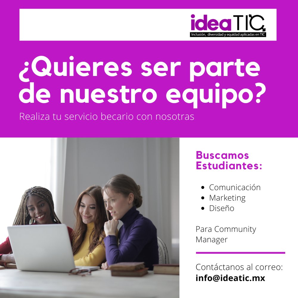 ❗️¡Te estamos buscando!❗️

Se solicita "Community Manager" 👩‍💻 para Prácticas Profesionales/ Servicio becario para laborar en <a href="/IdeaTICmex/">IdeaTIC</a> 

✉️ Si estas interesad@ comunícate al correo: info@ideatic.mx

#ideaTIC #PracticasProfesionales #serviciobecario #community #Manager