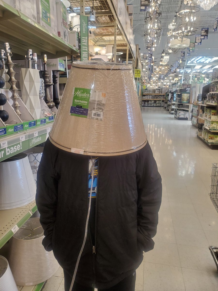 DeniseWhitlatch's tweet photo. Soo when ya go to @Menards and ya put a lamp shade on your head and a guy walks by and says looks good to me and then ya walk the store and it's so exhausting you have to lay down and rest. #shenanigans #yepfridaynightfun #lampshade #waytomuchfun #menards @Blaney https://t.co/sFevyGvxFt