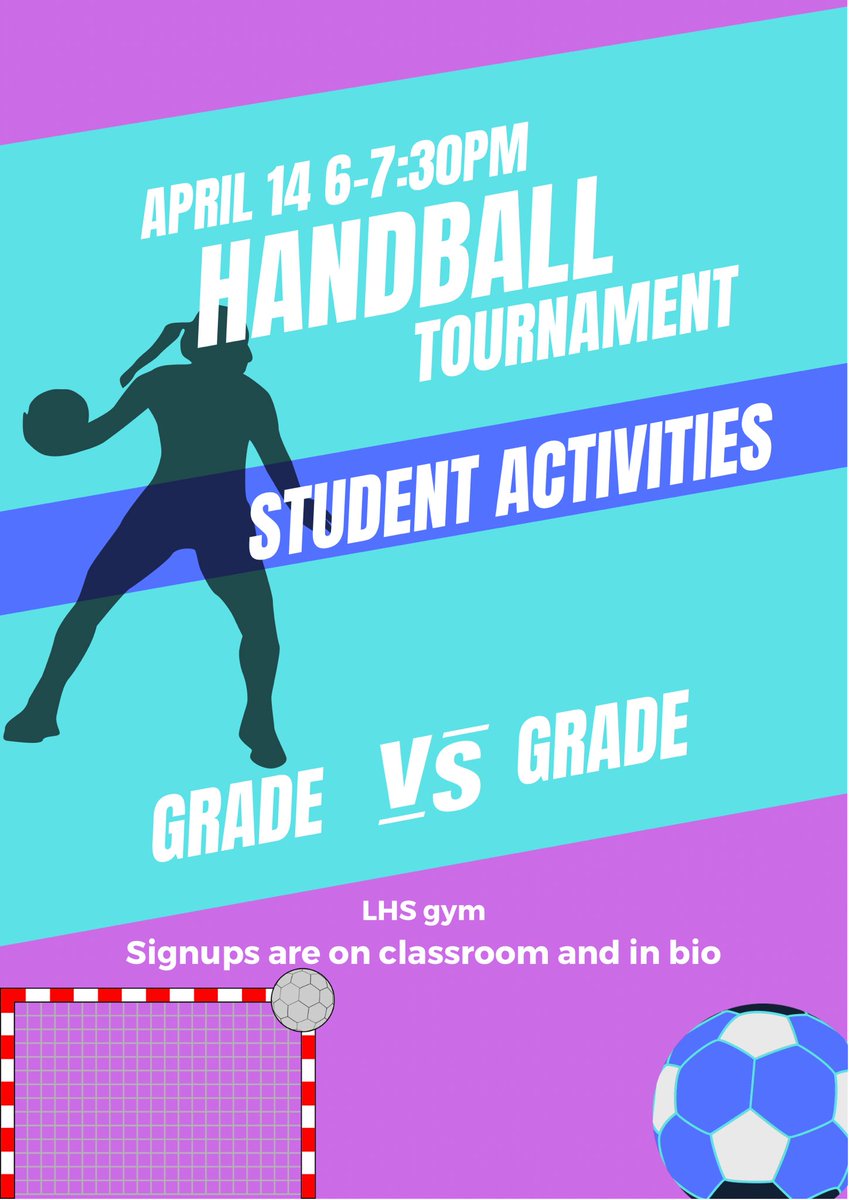 lhsstudentactiv's tweet photo. HANDBALL is here !!
For this event we decided to create a grade vs grade challenge! The link to sign up is in our instagram bio and on google classroom. Which grade will be the handball champions? 

*some grade levels depending on number of participants may have to merge or split https://t.co/80sjIU25yG