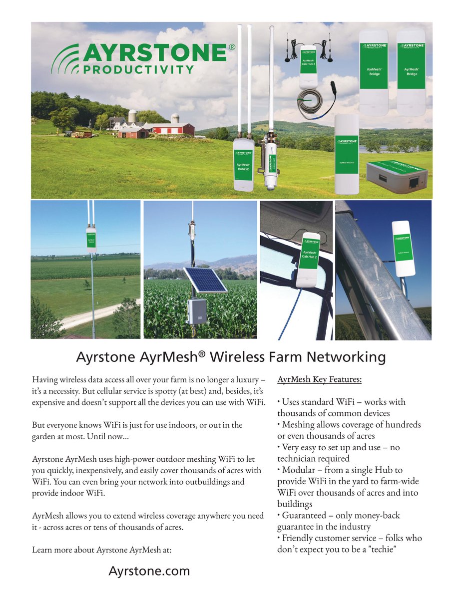Ayrstone's tweet photo. Easy to install & simple to use #wifi for your farm:
AyrMesh® Products
✅ Hub2x2
✅ Hub2x2C
✅ ReceiverC
✅ Hub2T
✅ Cab Hub2
✅ Receiver
✅ Bridge
✅ IndoorHub
Visit the #AyrMesh Store: https://t.co/fDoK7mEzr5
#FarmWiFi #AgTech #Ag #AgTwitter https://t.co/A5SAv8MAZG