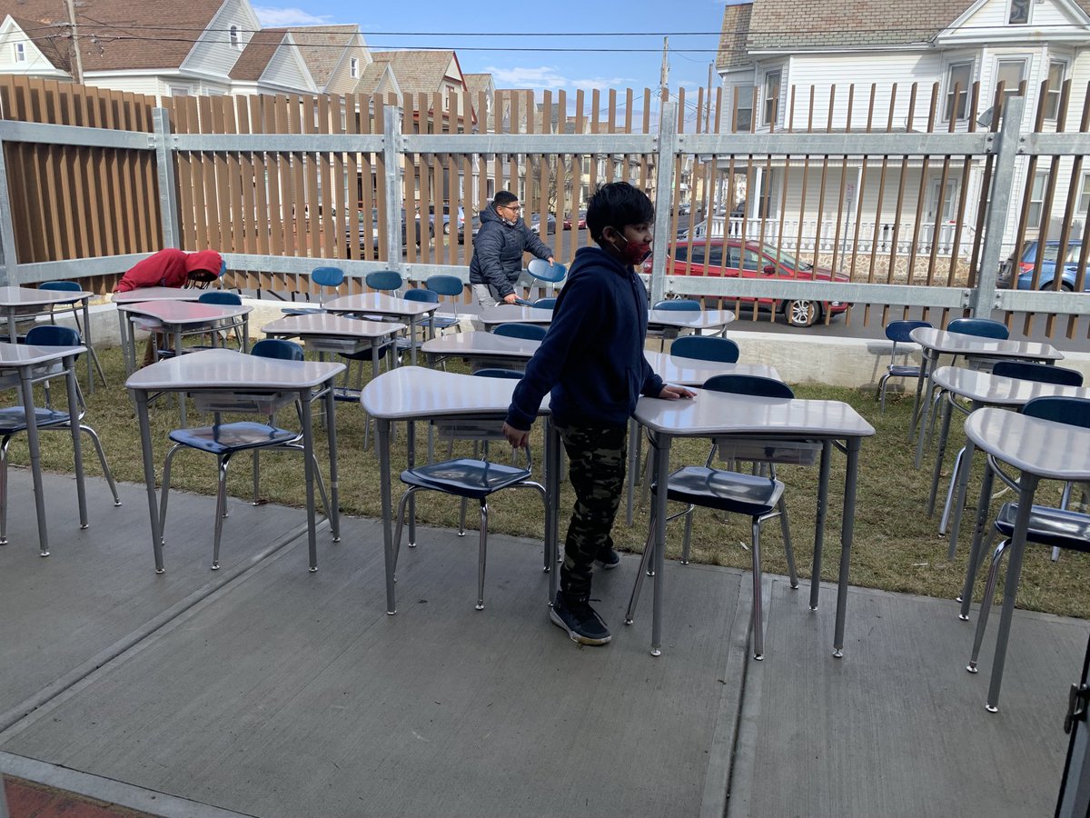 KMunrett's tweet photo. When your neighbor tapes all your students’ desks and chairs together, you wait until they have art and rearrange their furniture in the courtyard! April Fool’s Day at the end of ELAs should be mandatory! https://t.co/yfAtt37LYX