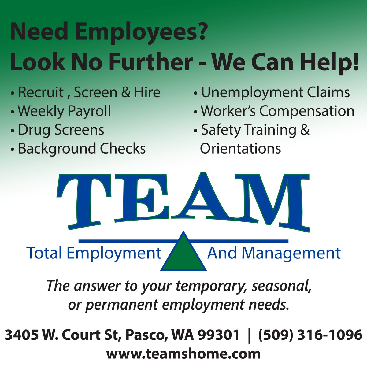 #nowhiring #payrollservices #directhire #yakimawashington #hermistonoregon #tricitieswa #zillahwashington #newclientswelcome #employerservices #employmentopportunities #employmentagency #jobseekers #jobsnearme #workhard #jobsearch #staffingagency #staffingsolutions