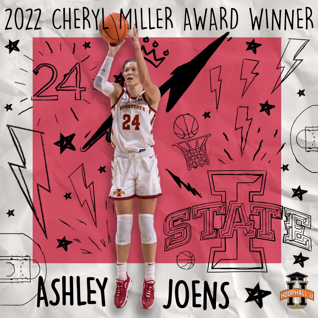 Naismith Memorial Basketball Hall of Fame and the @WBCA1981 congratulates @CycloneWBB player @ashleyjoens. She is the winner of the 2022 @Cheryl_Miller31 Award. #MillerAward 

@hoophallu | @DellTech