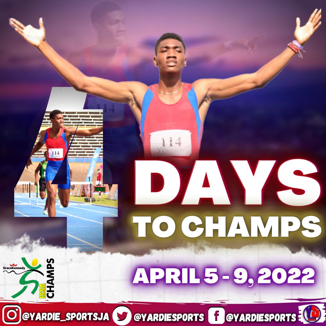 YardieSports's tweet photo. It's creeping up on us - 4 days to go to the start of the ISSA/GraceKennedy Boys and Girls Athletics Championships - April 5th - 9th 
#yardiesports #yardie_sportsja #issachamps2022 #issasportsja #champs2022 #issagracekennedyboysandgirlsathleticschampionships #jamaica #jamaican https://t.co/FZGE9RDJ9n