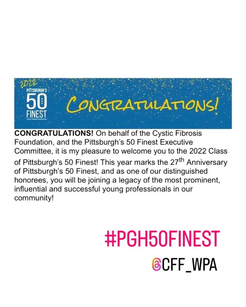 Thanks, <a href="/ChrisKail/">Chris Kail</a>, for encouraging me in this! I'm so honored to be selected as one of Pittsburgh's 50 Finest for 2022, supporting <a href="/CFF_WPA/">CFF Western PA</a>!

#PGH50Finest #CFFWPA