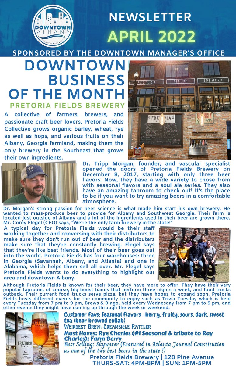 DtownAlbany's tweet photo. In this month's Downtown Business page we shine a spotlight on Pretoria Fields Collective! Where the beer is plenty and warm smiles and friendly faces are too!! https://t.co/JnVN0jWNMO