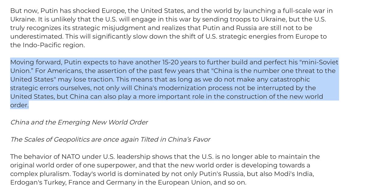 Putin's invasion of Ukraine could distract the US for 15-20 years. America being preoccupied with Russia, China will have time time to grow stronger to "play a more important role in the construction of the new world order". Russia isn't a Chinese ally. It's a Chinese icebreaker