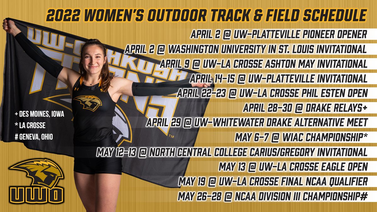 .<a href="/UWOTF_CC/">UW-Oshkosh Track & Field/Cross Country</a> begins its 2022 women's outdoor track &amp; field season by sending athletes to both the UW-Platteville Pioneer Opener and Washington University in St. Louis Invitational on Saturday.

Schedule Preview: bit.ly/36JsgDE