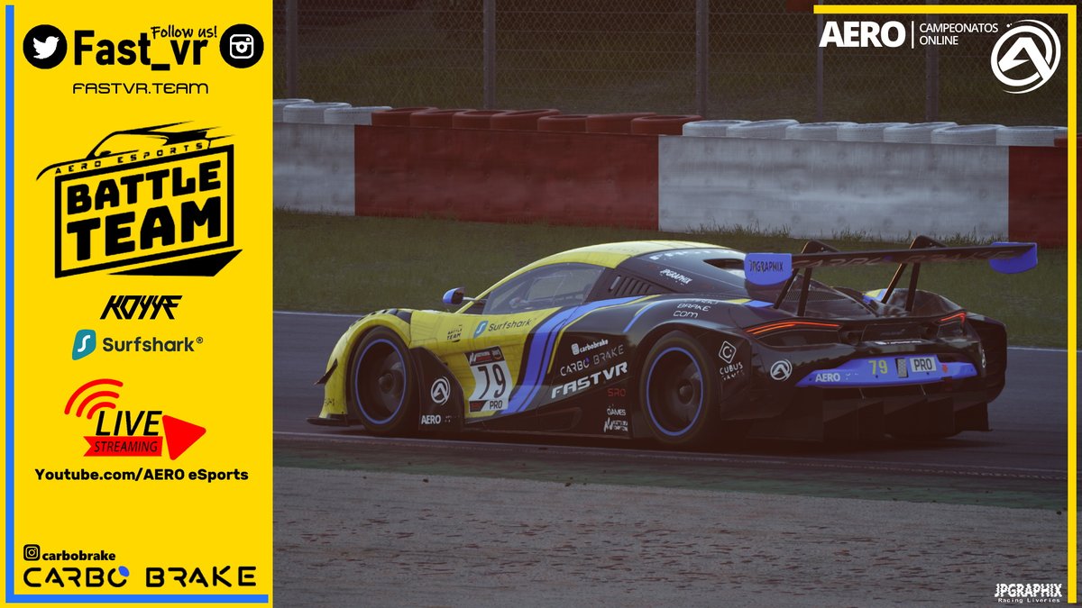 🏁 RACE DAY 🏁

📌 Battle Team <a href="/AERO_esp/">AERO</a> 
 👤 <a href="/Fran160300/">WhyToreHD</a> 
🏎️ Nissan GT-R GT3
👤 <a href="/VictorromanVrj/">Víctor Román</a> 
🏎️ McLaren 720S GT3
🌍 Paul Ricard
⏱️ A partir de las 22:00 horas
📹 Youtube - AERO eSports

#GoFastVR | carbobrake.com