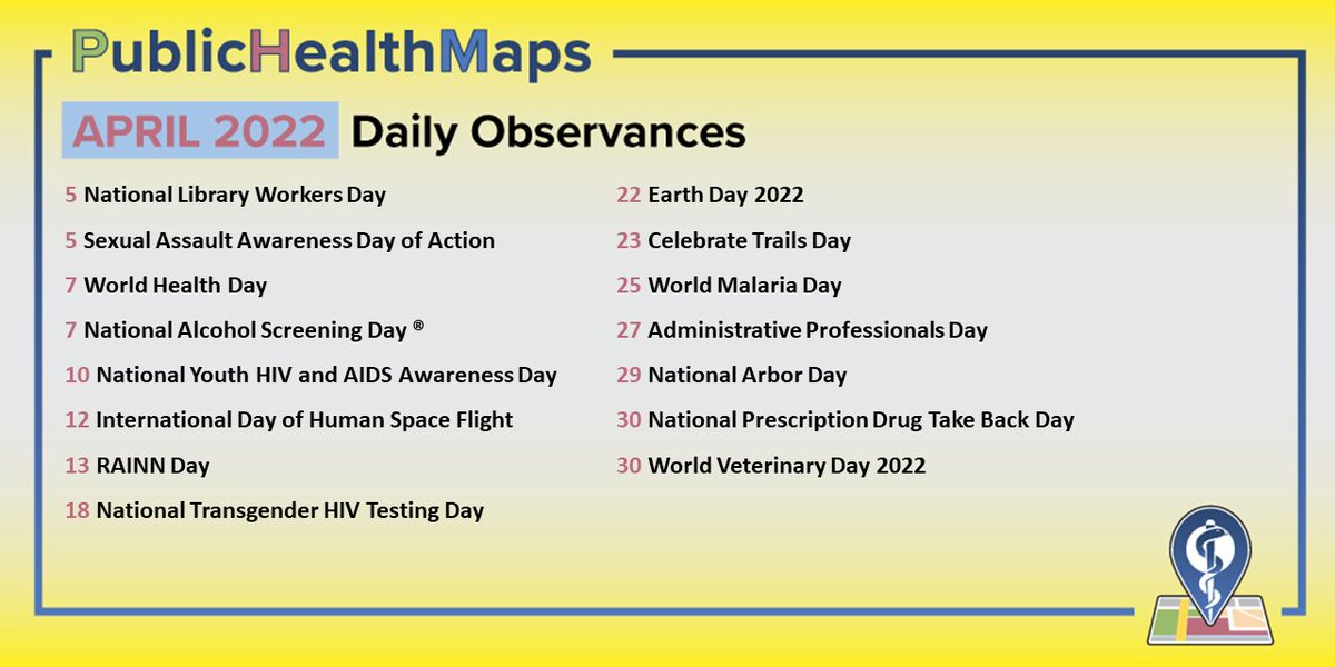 PublicHealthMap's tweet photo. What's happening in #April? Check out the #PublicHealthMaps calendar!
* @PrepSummit
* @NSCsafety Southeast
* @sotmus
* @MinorityHealth Month
* @NPHW National Public Health Week
* @ArborDay
* @EarthDayOrg
#HealthObservances #SciComm #PublicHealth #GIS
https://t.co/jsVrPTl6Kq https://t.co/hvQxrt4xRZ