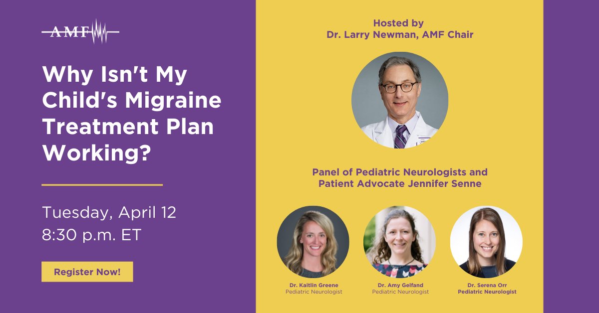 amfmigraine's tweet photo. Join us for our “Why Isn't My Child's Migraine Treatment Plan Working?” webinar on Tuesday, April 12, at 8:30 p.m. ET! @Newmanache will host a discussion on treating children with #migraine. Register now:

https://t.co/b4cWCU3gWe https://t.co/QwtxoNfZJ1