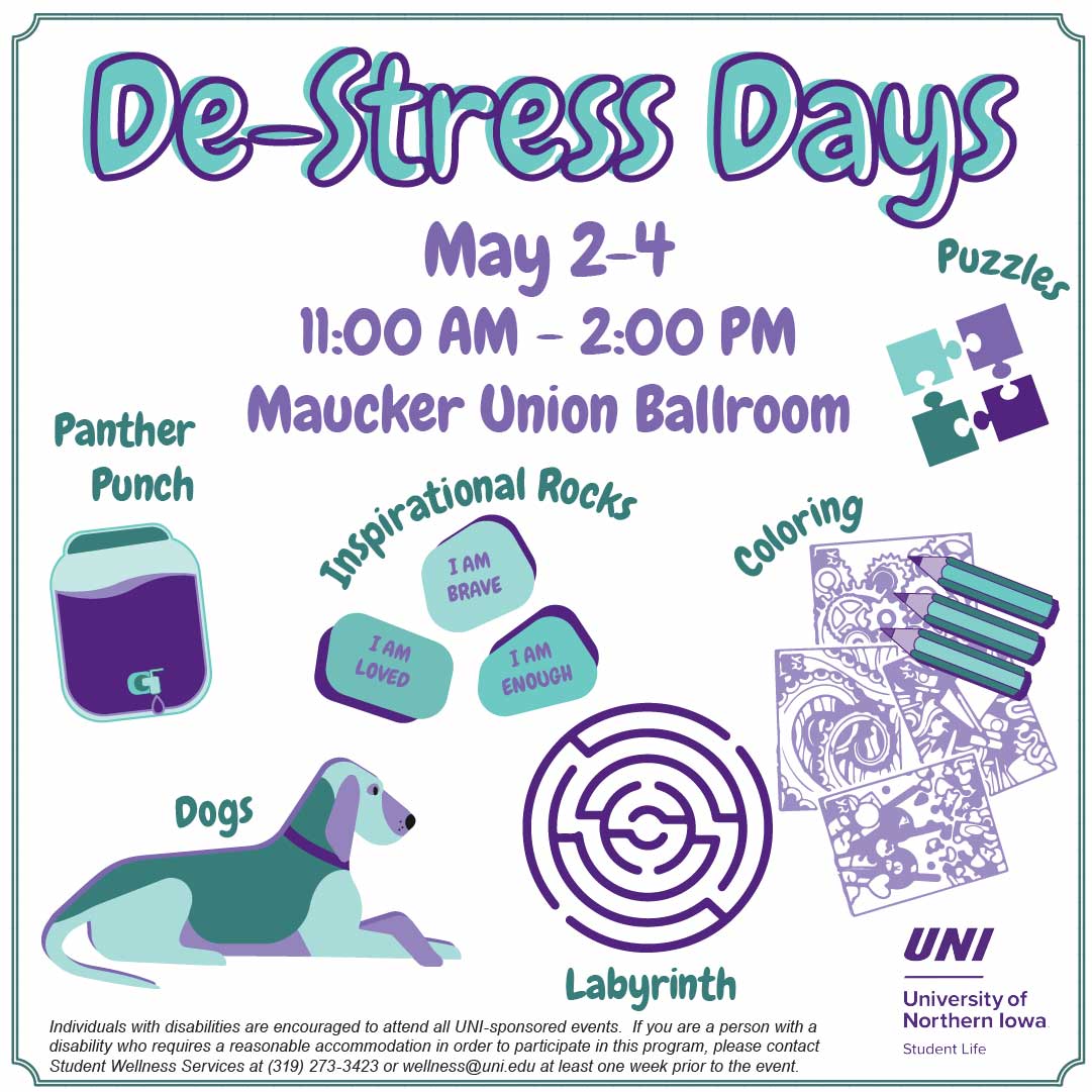 UNI_SWS's tweet photo. 🤩SAVE THE DATE! There are 2 WEEKS left until De-Stress Days!

➡️Join us in the Maucker Union Ballrooms at 11AM-2PM on May 2nd through 4th for fun activities, panther punch, and dog companions! 🐾

#BeWell #BeConnected #1UNI #DeStressDays https://t.co/ql2sRqqUxI