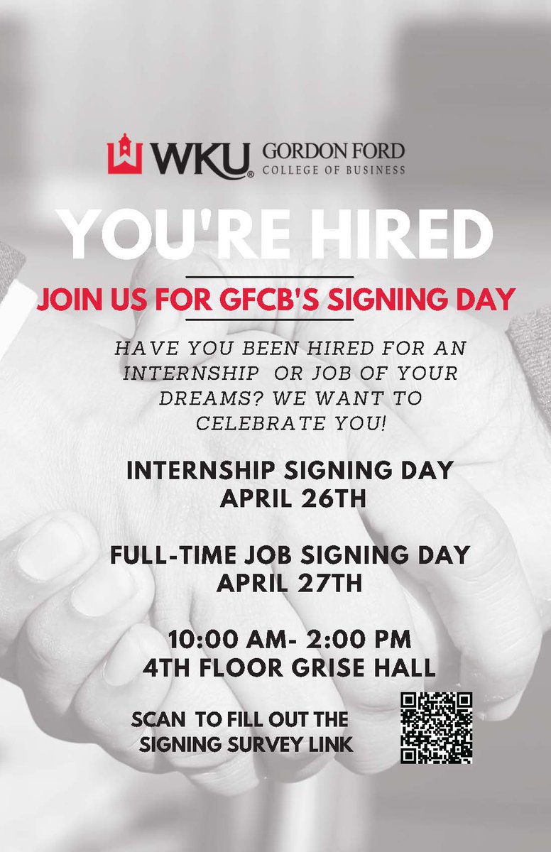 <a href="/WKUGordonFord/">WKU Gordon Ford</a> students - Check your inboxes!  We are excited to celebrate you at SIGNING DAY!!  Use the QR Code and submit the form so that we have your information prior to this fun day in GFCB!  <a href="/WKUMarketing/">WKU Marketing</a> @WKUmanagement <a href="/WKUEcon/">WKU Economics</a> <a href="/wkufinance/">WKU Finance Dept</a>